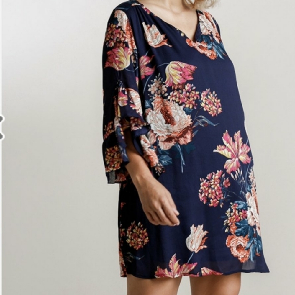 NWT Umgee Navy Floral Ruffle Sleeve Dress Size XL